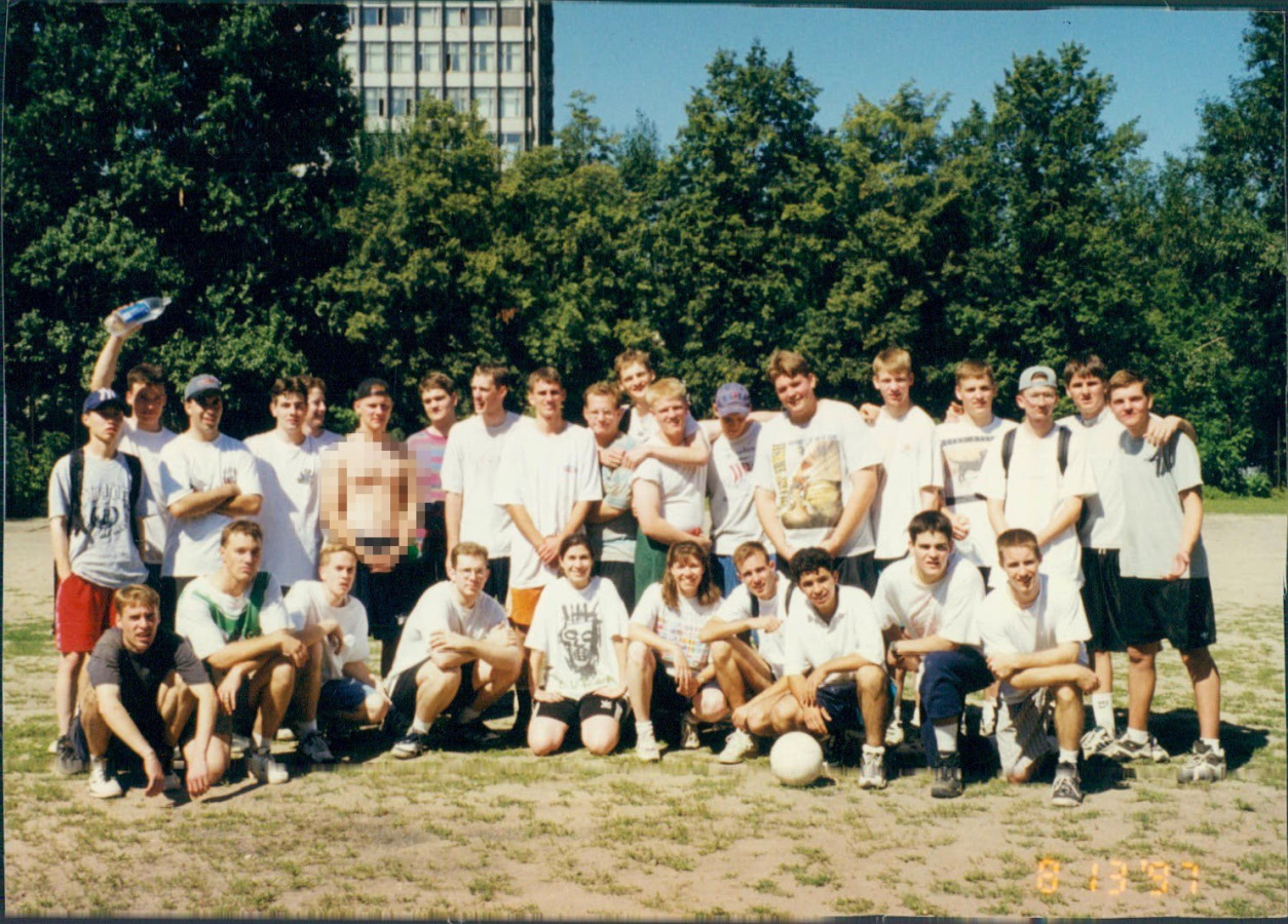 post-game photo of a group of young men and women who played Gatorball during the spring of 1997
